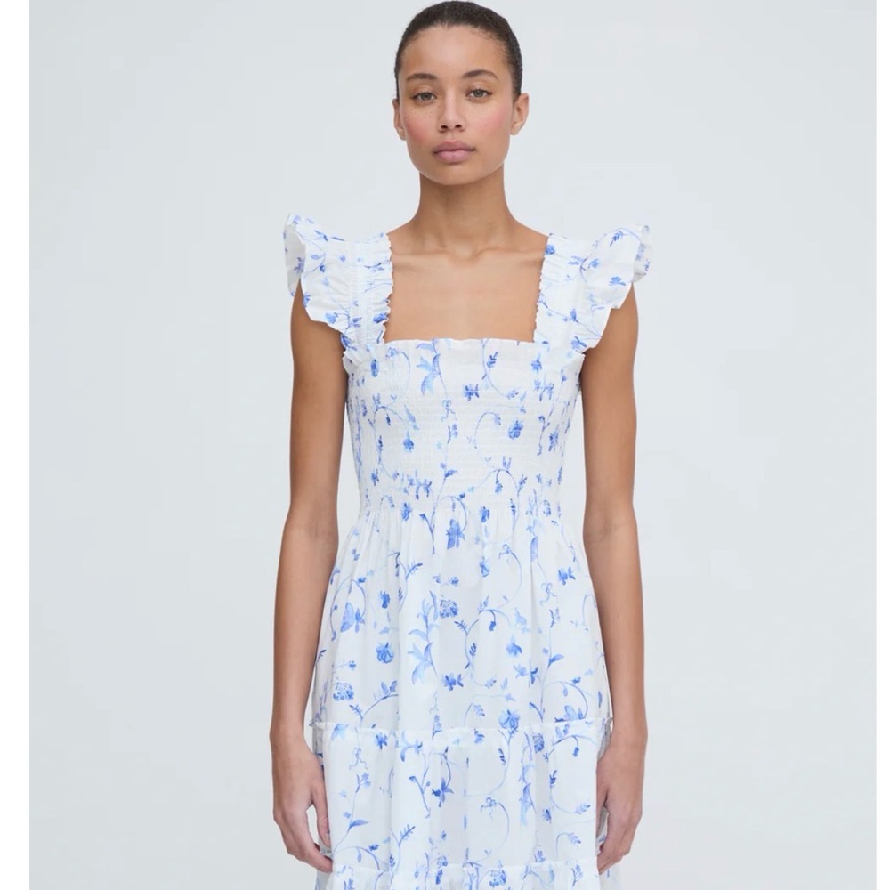 Hill House Ellie Nap Dress White Maxi Dress with Blue Floral Print